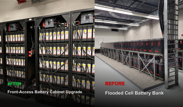 Before and after comparison of flooded cell battery bank replaced with front-access UPS battery cabinets